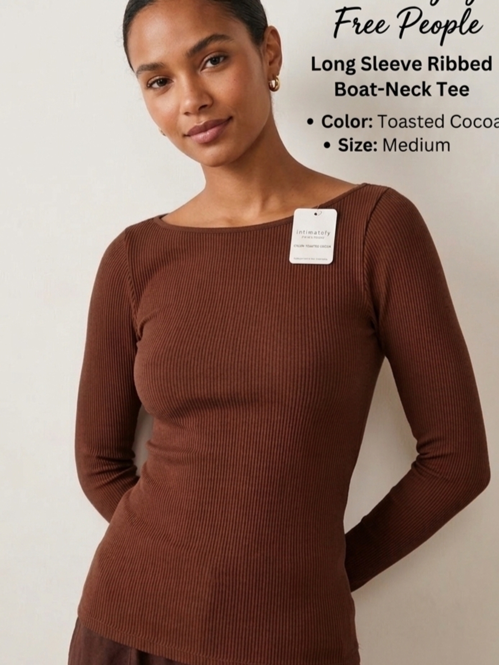 Free People Toasted Cocoa Ribbed Boat-Neck Long Sleeve Tee
